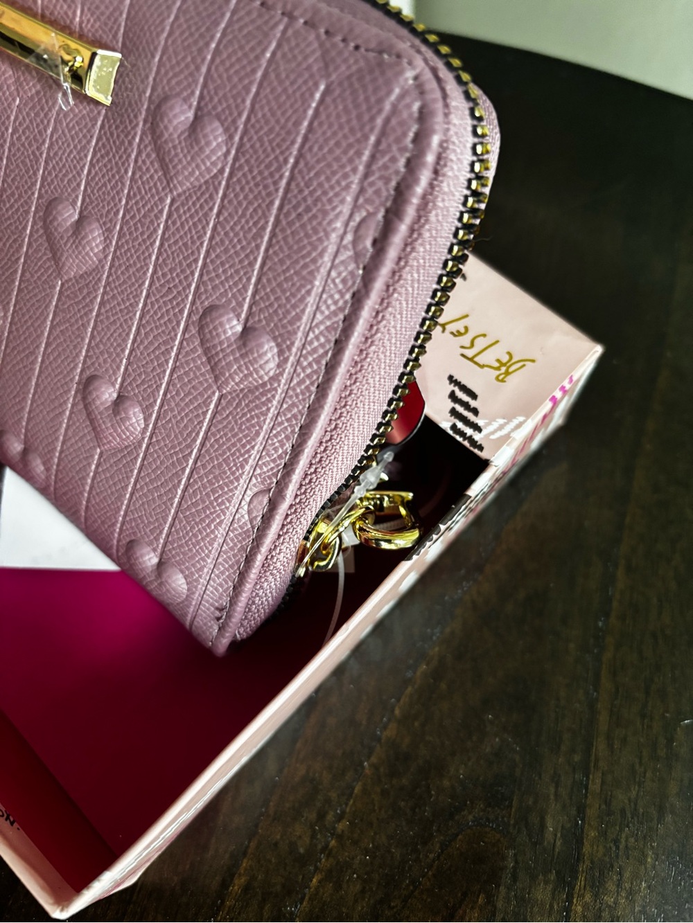 NWT Betsey Johnson Mauve Heart-Embossed Zip Wristlet NEW with Tags - Picture 5 of 13